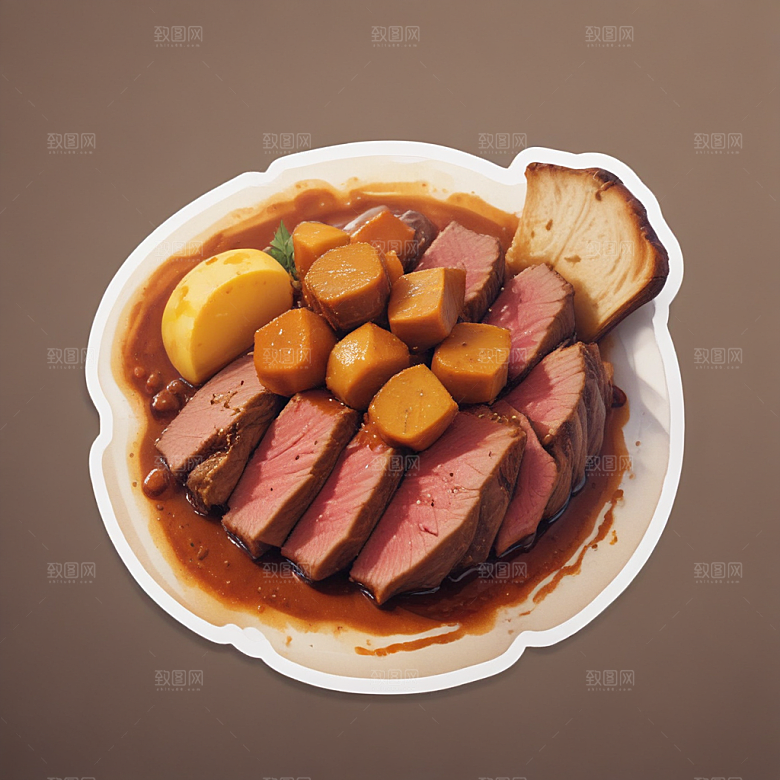 一份咖喱牛腩插画卡通风格贴纸