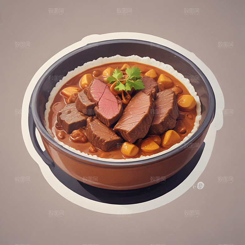 一份咖喱牛腩插画卡通风格贴纸