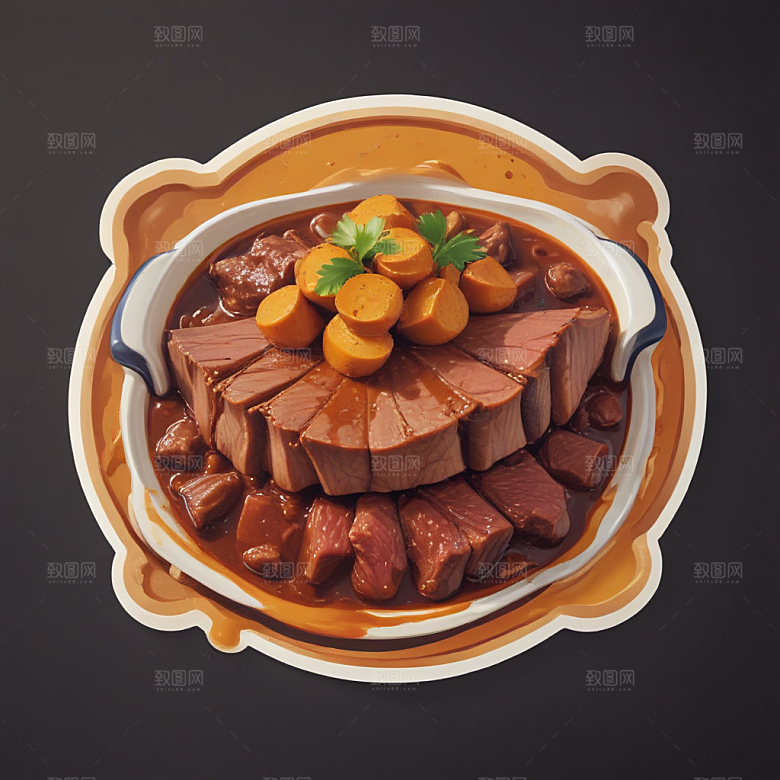 一份咖喱牛腩插画卡通风格贴纸