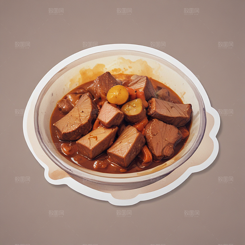 一份咖喱牛腩插画卡通风格贴纸