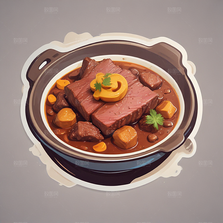一份咖喱牛腩插画卡通风格贴纸
