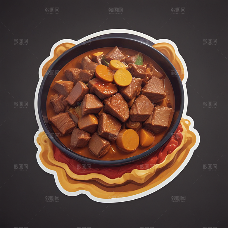 一份咖喱牛腩插画卡通风格贴纸