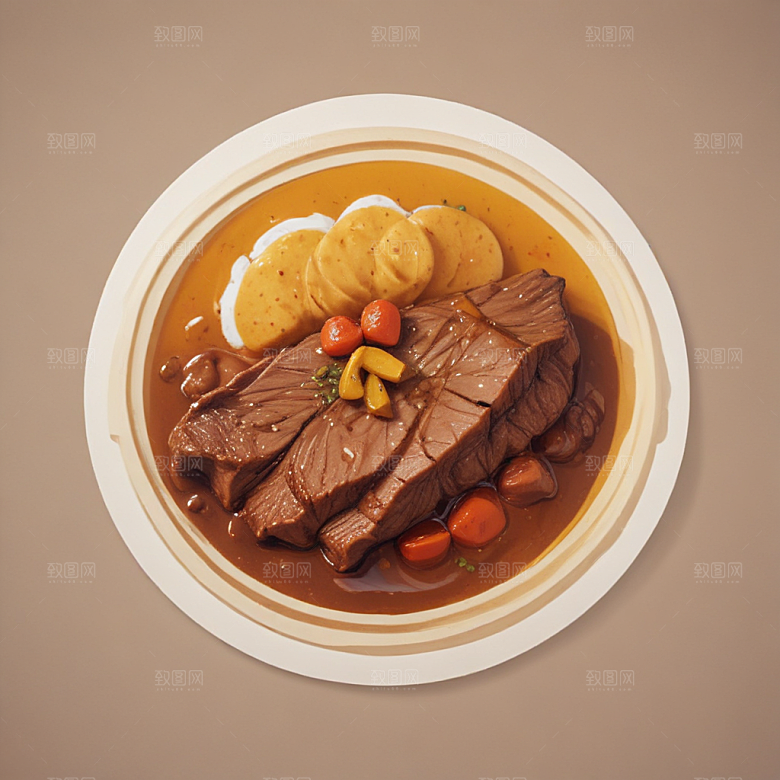 一份咖喱牛腩插画卡通风格贴纸