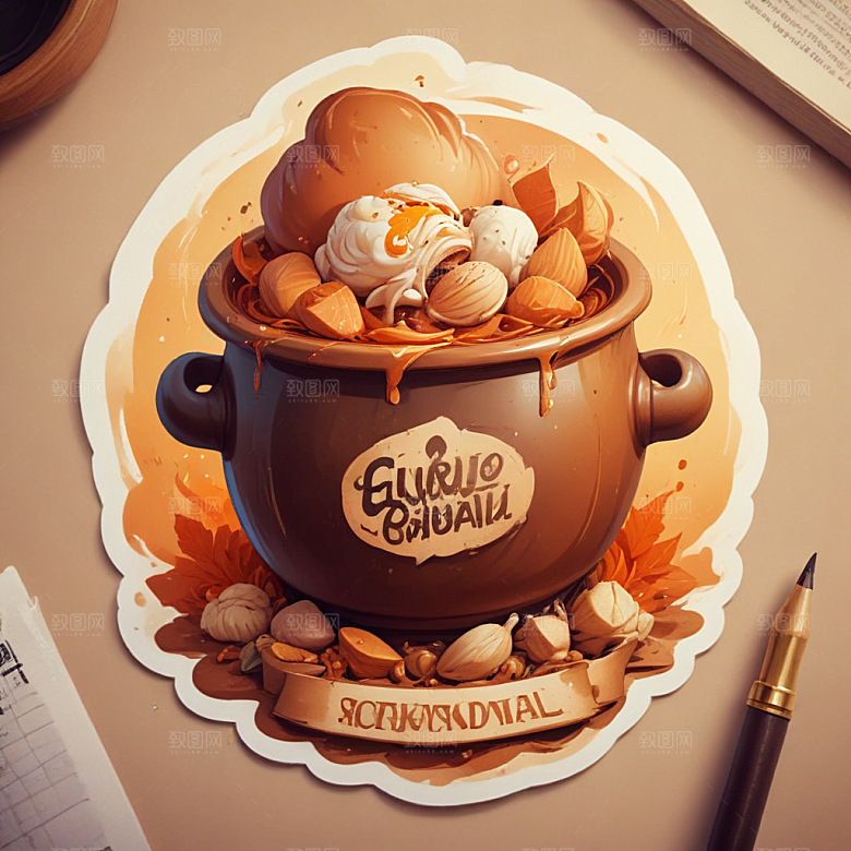 一份煲仔饭插画卡通风格贴纸