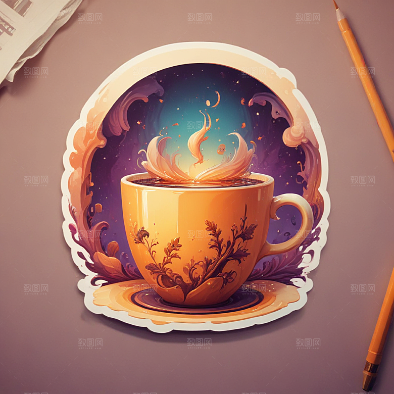 一杯茶插画卡通风格贴纸