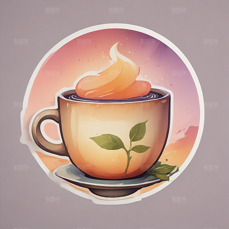 一杯茶插画卡通风格贴纸