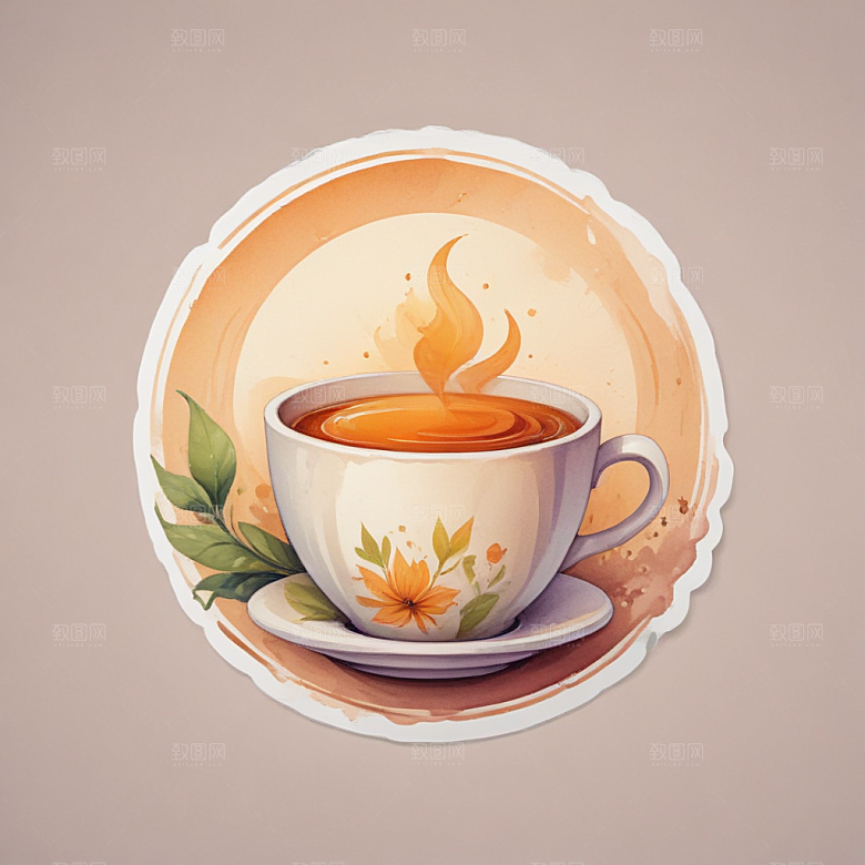 一杯茶插画卡通风格贴纸
