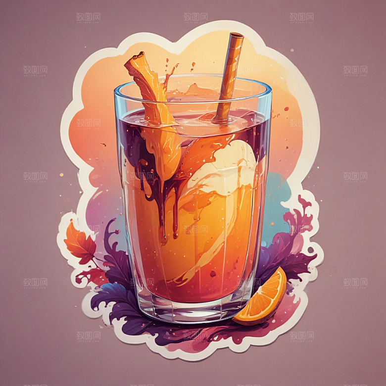一杯果汁插画卡通风格贴纸
