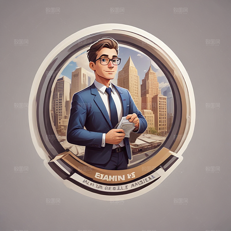 一名银行家插画卡通风格贴纸