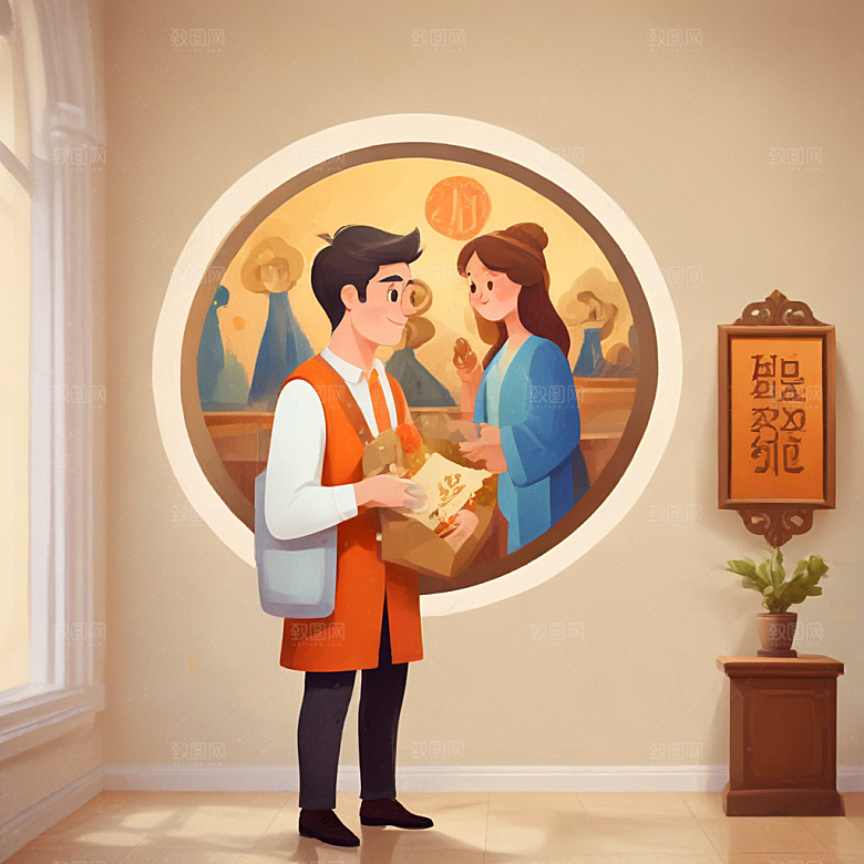 一名博物馆管理员插画卡通风格贴纸