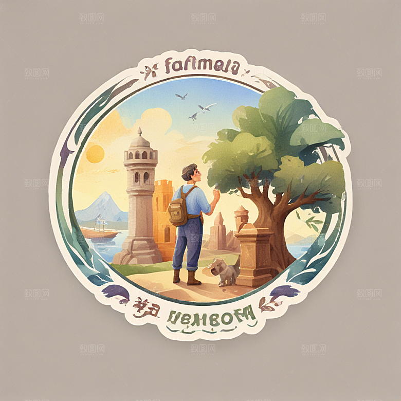 一名博物馆管理员插画卡通风格贴纸