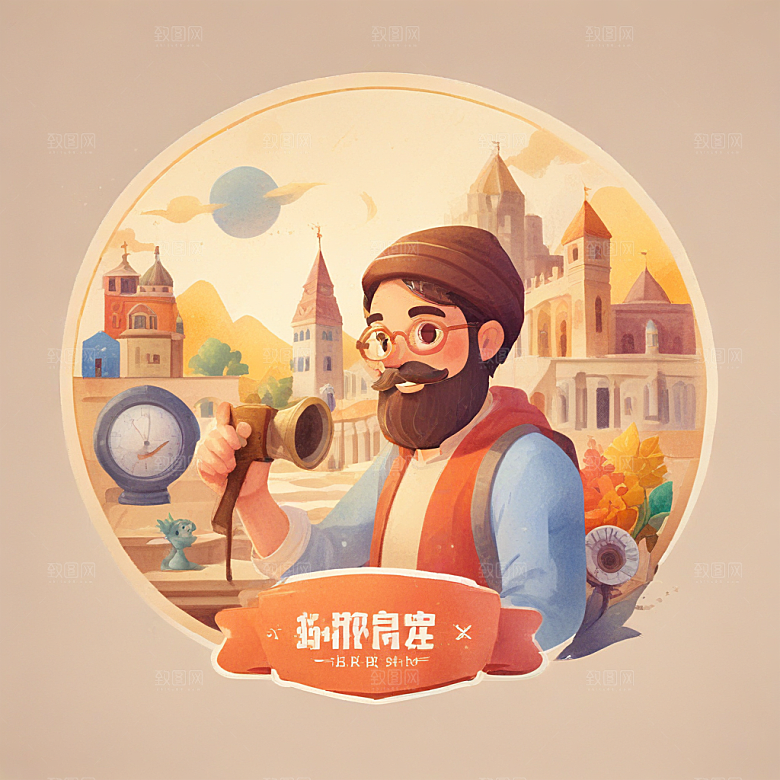 一名博物馆管理员插画卡通风格贴纸