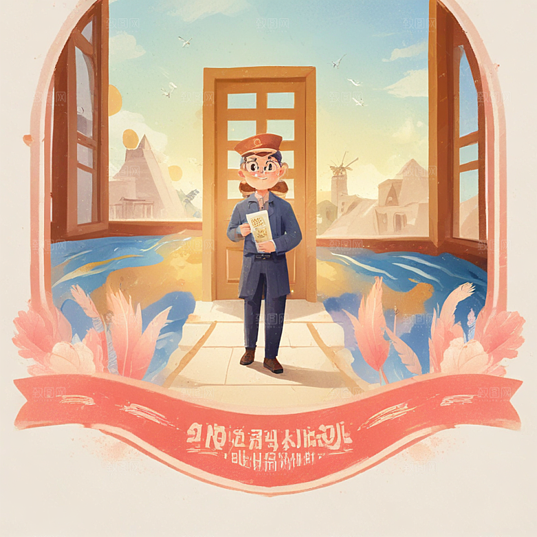 一名博物馆管理员插画卡通风格贴纸