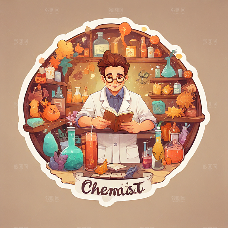 一名化学家插画卡通风格贴纸
