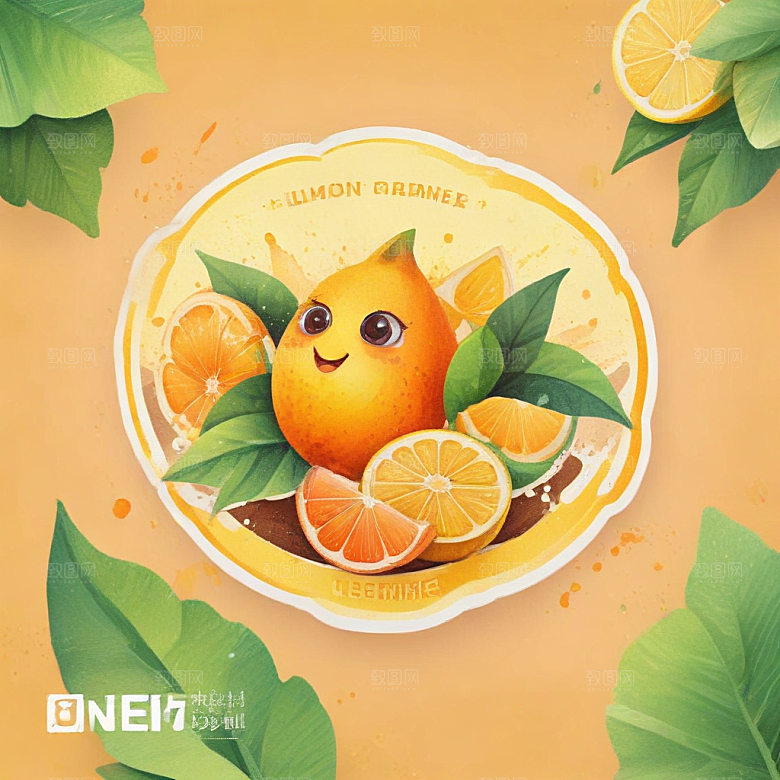 柠檬橙子插画卡通风格贴纸