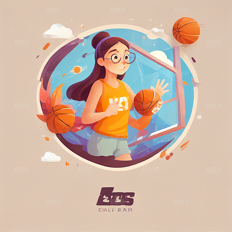 戴眼镜打篮球的女孩插画卡通风格贴纸