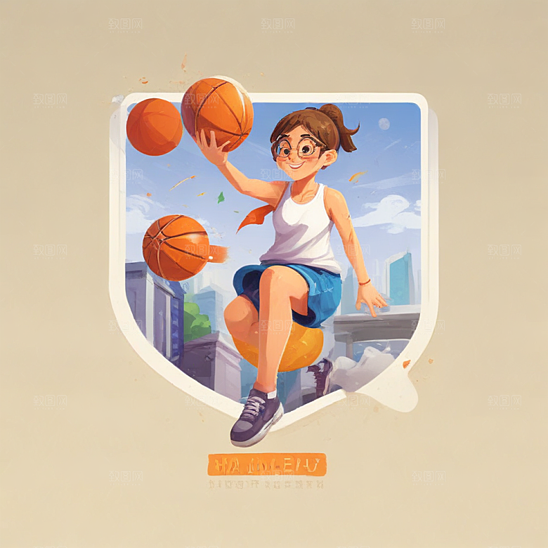 戴眼镜打篮球的女孩插画卡通风格贴纸