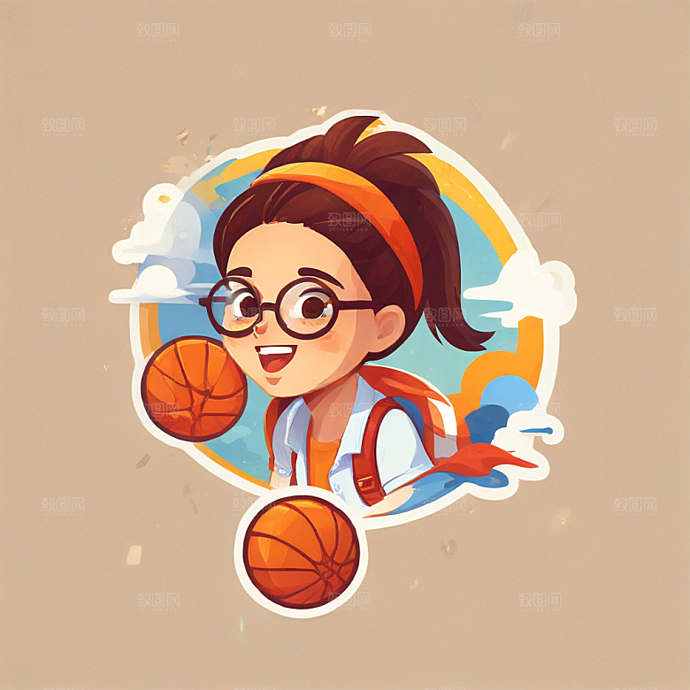 戴眼镜打篮球的女孩插画卡通风格贴纸