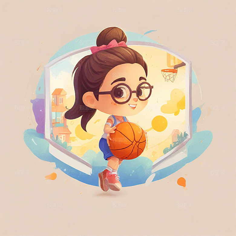 戴眼镜打篮球的女孩插画卡通风格贴纸