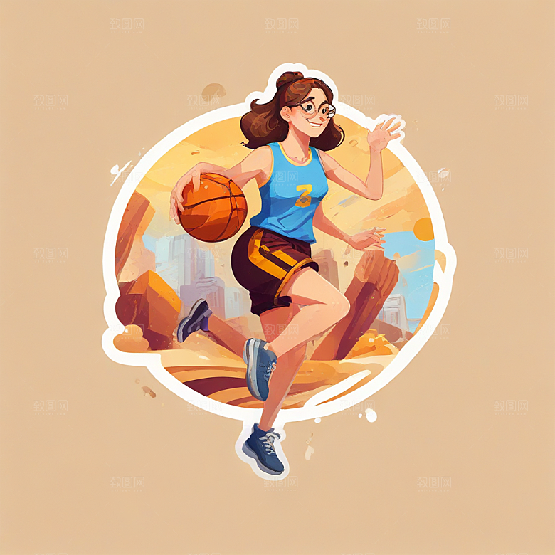 戴眼镜打篮球的女孩插画卡通风格贴纸
