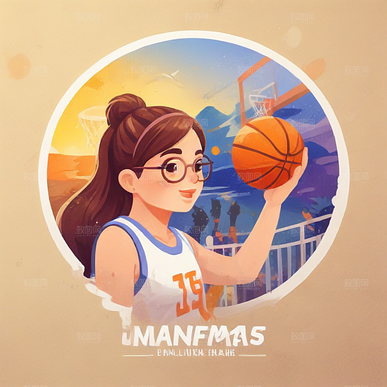 戴眼镜打篮球的女孩插画卡通风格贴纸