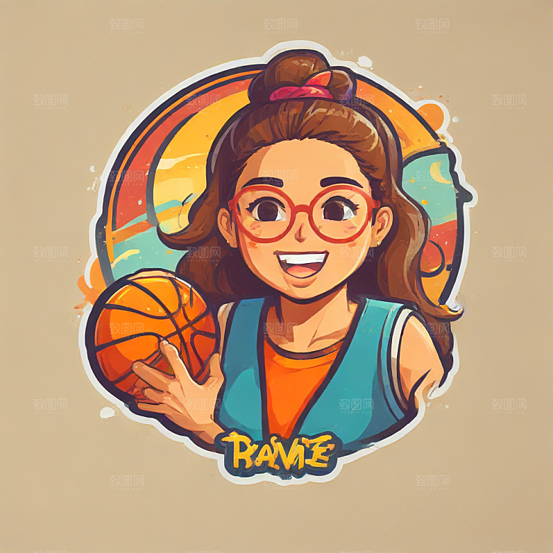 戴眼镜打篮球的女孩插画卡通风格贴纸