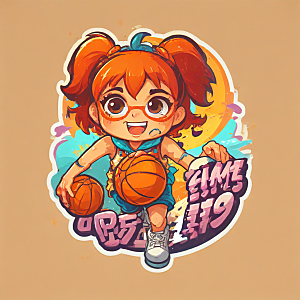 戴眼镜打篮球的女孩插画卡通风格贴纸