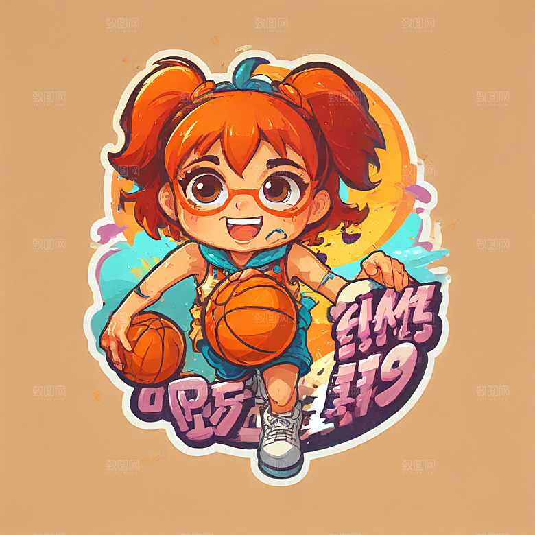 戴眼镜打篮球的女孩插画卡通风格贴纸