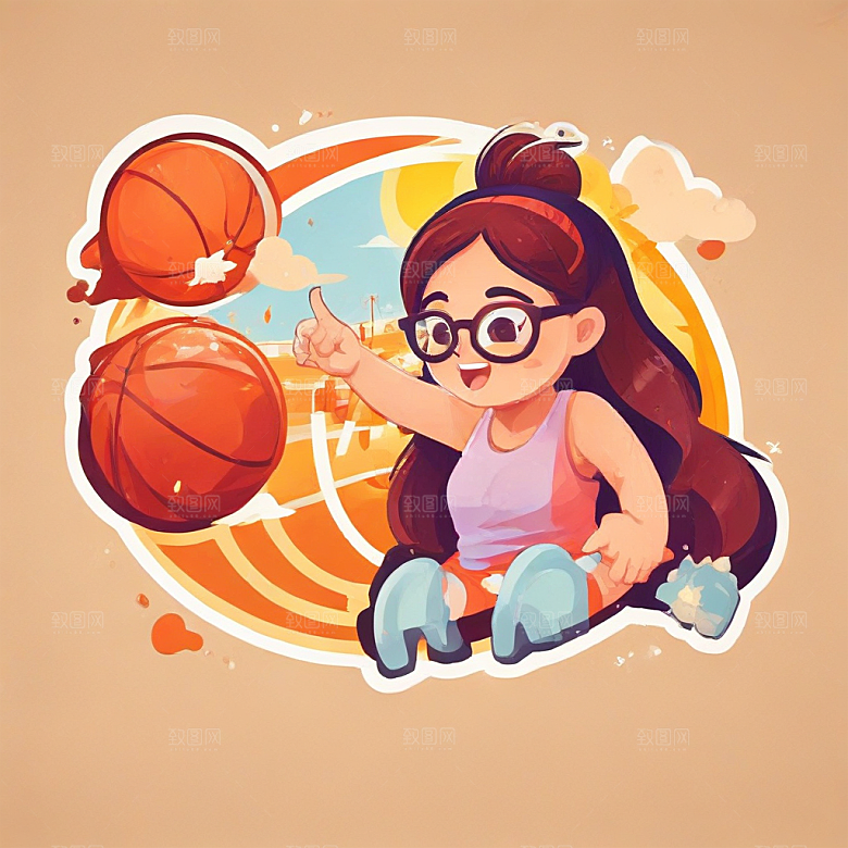 戴眼镜打篮球的女孩插画卡通风格贴纸