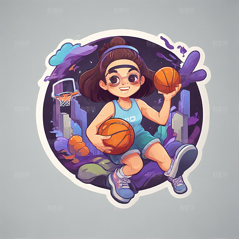 戴眼镜打篮球的女孩插画卡通风格贴纸