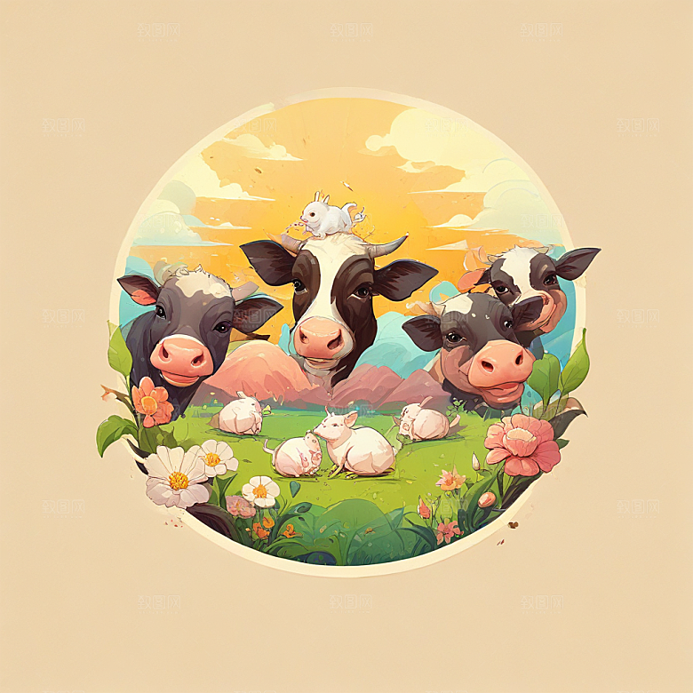 牛和鼠并排插画卡通风格贴纸