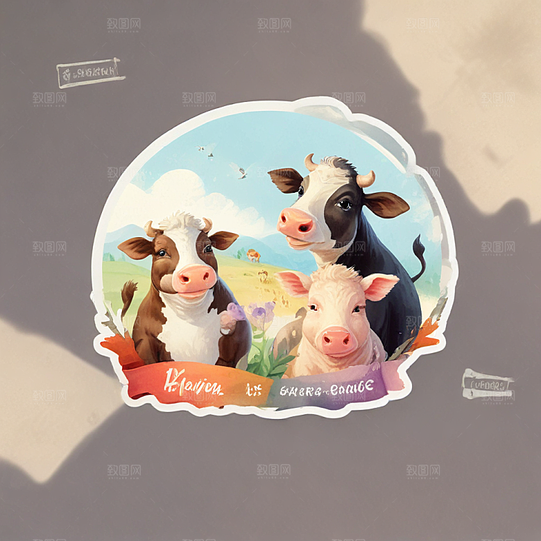 牛和鼠并排插画卡通风格贴纸