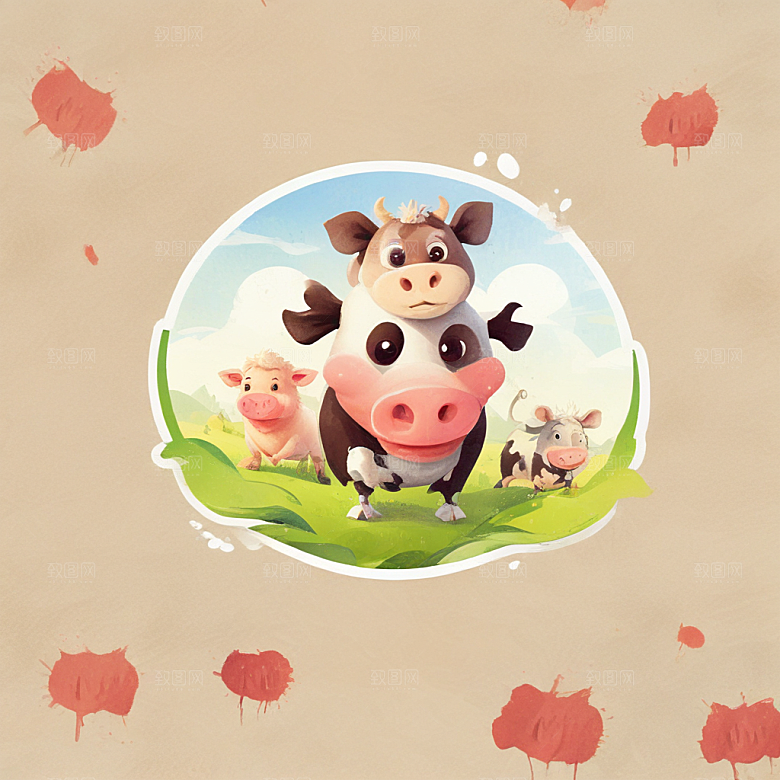 牛和鼠并排插画卡通风格贴纸