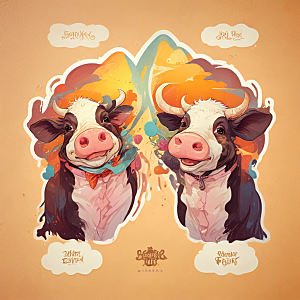 牛和鼠并排插画卡通风格贴纸