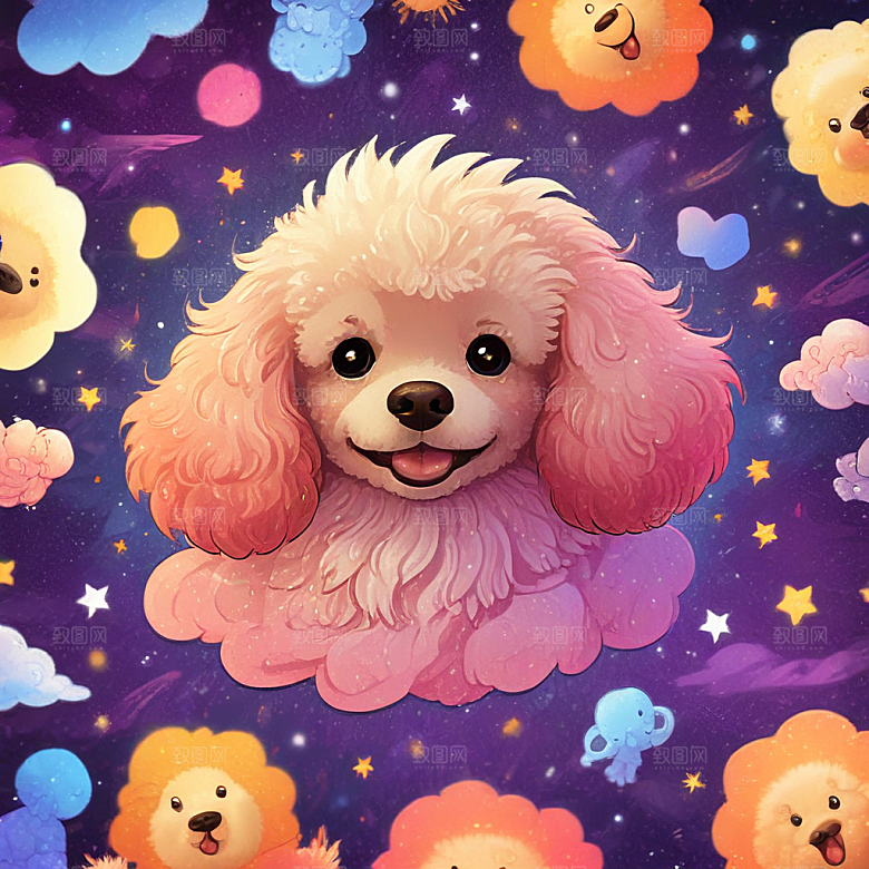 长毛狮子狗，有星空色彩插画卡通风格贴纸