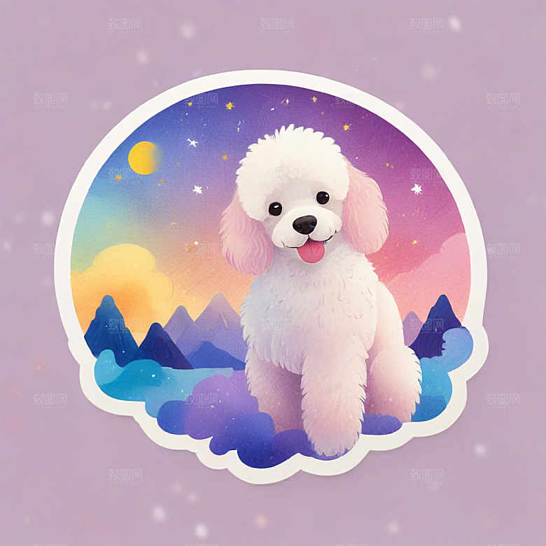 长毛狮子狗，有星空色彩插画卡通风格贴纸