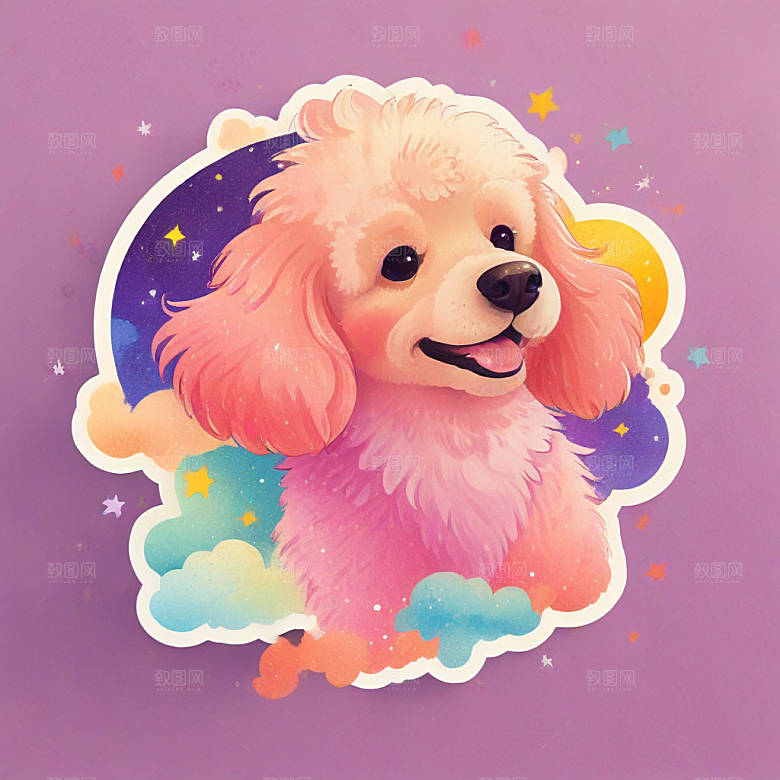 长毛狮子狗，有星空色彩插画卡通风格贴纸