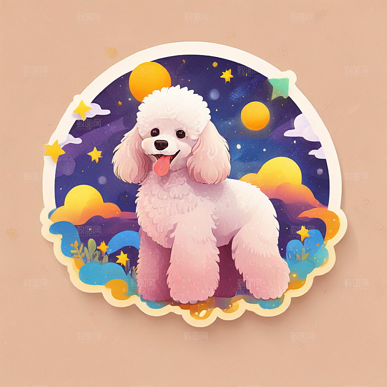 长毛狮子狗，有星空色彩插画卡通风格贴纸