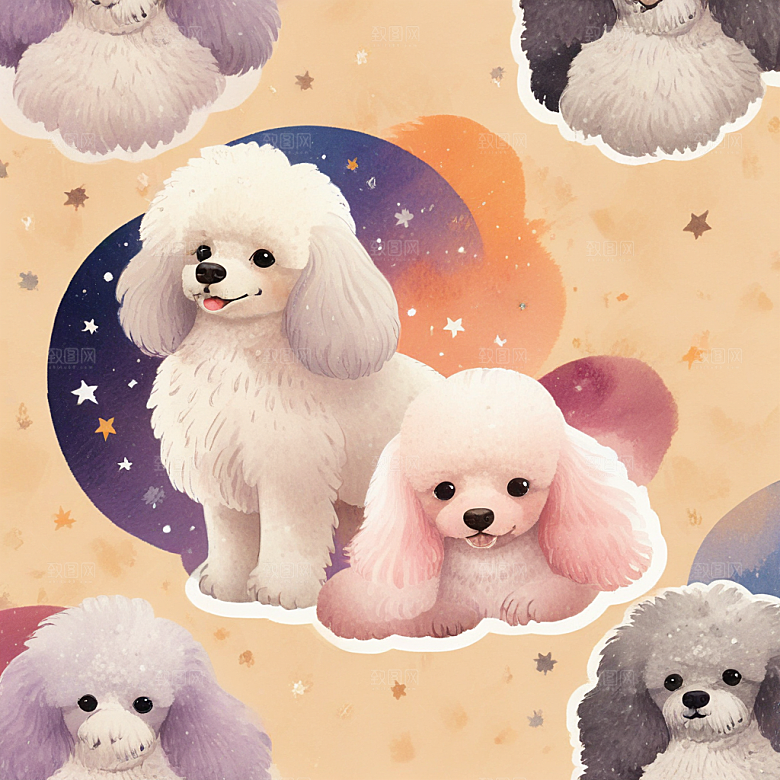 长毛狮子狗，有星空色彩插画卡通风格贴纸