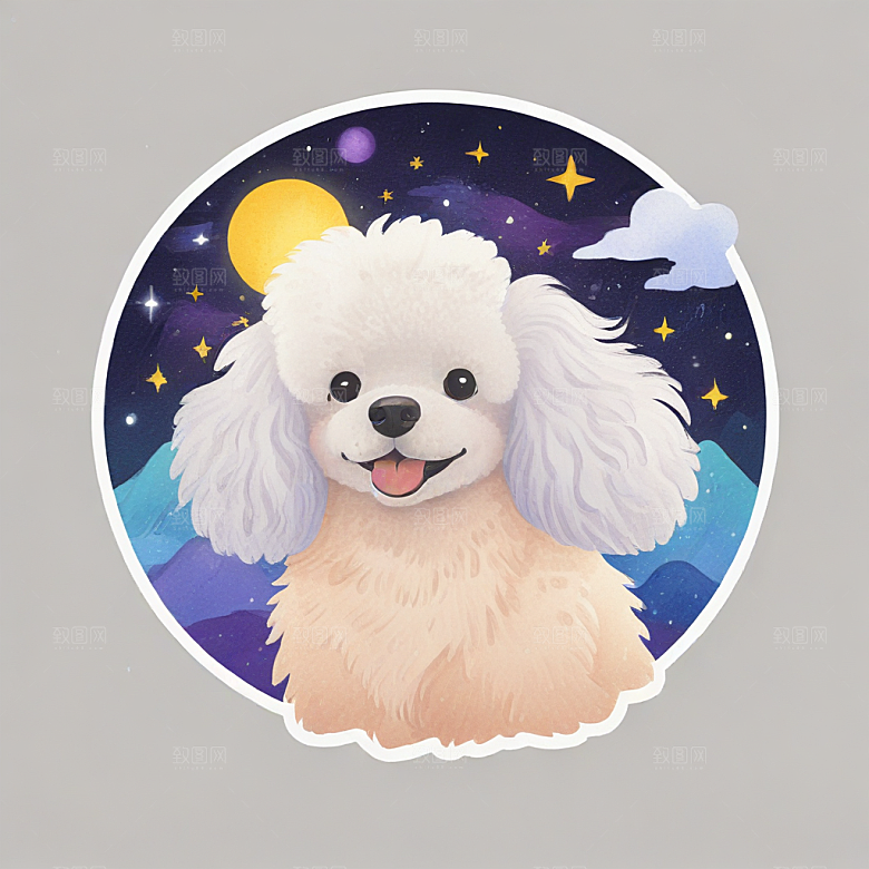 长毛狮子狗，有星空色彩插画卡通风格贴纸