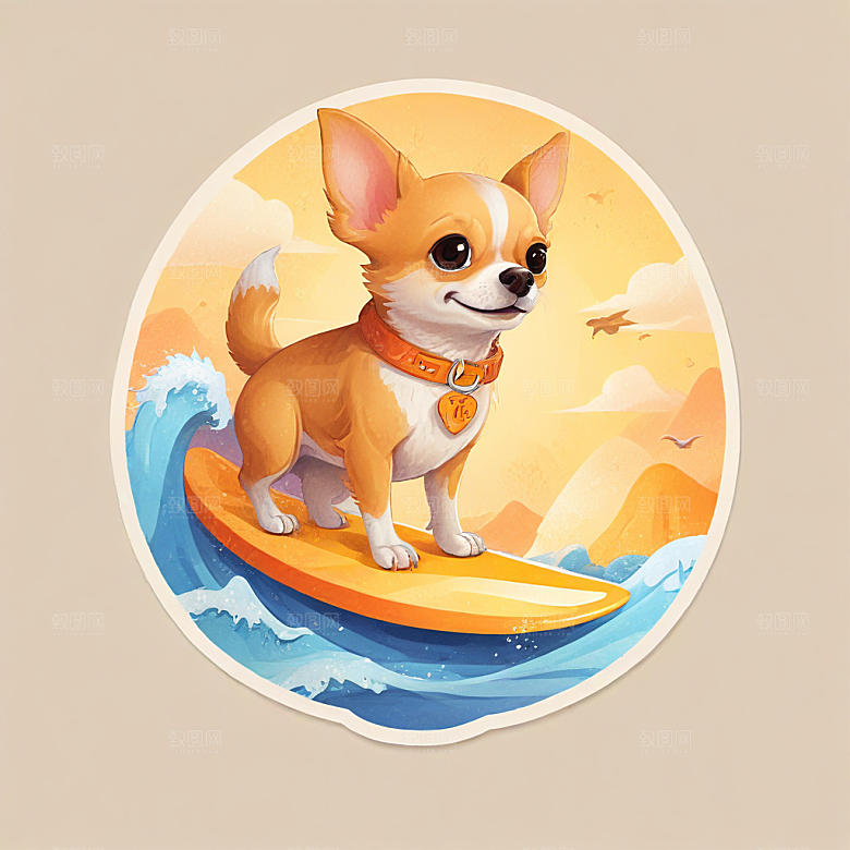 一只吉娃娃在冲浪插画卡通风格贴纸