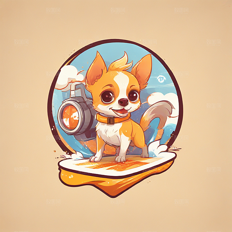 一只吉娃娃在冲浪插画卡通风格贴纸