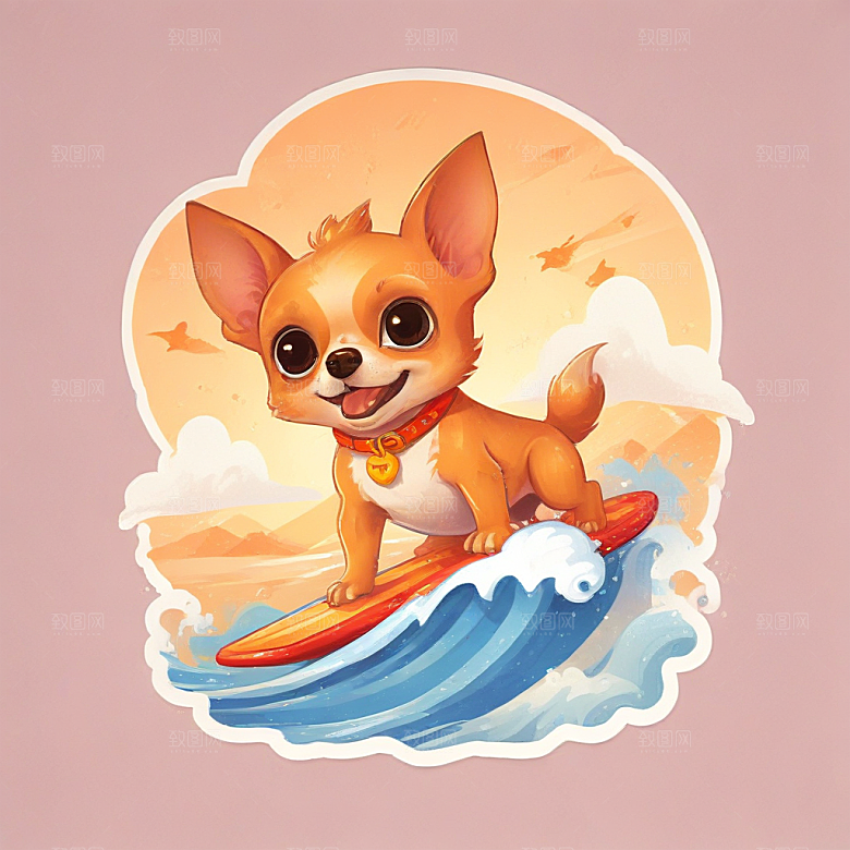 一只吉娃娃在冲浪插画卡通风格贴纸