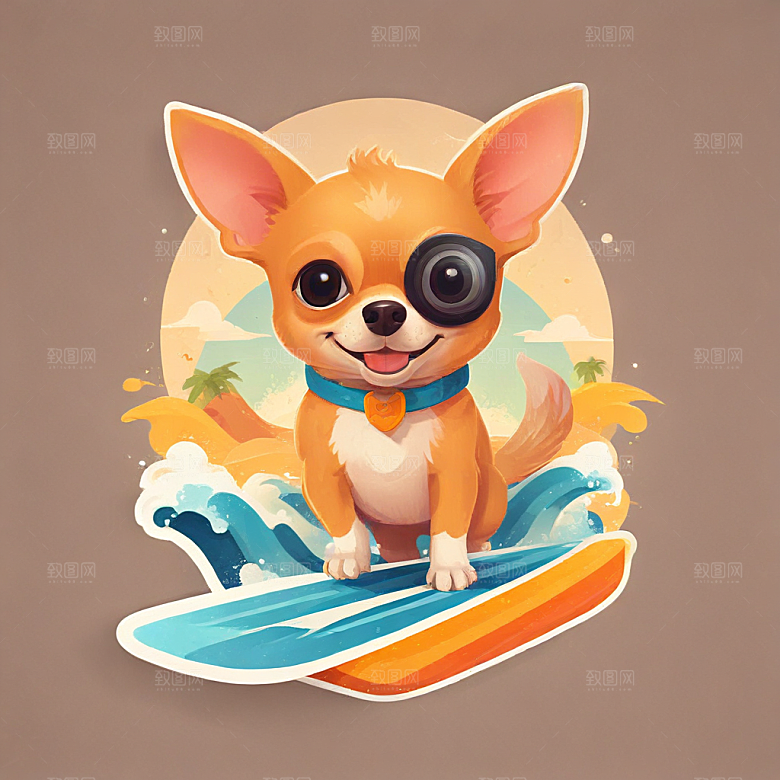 一只吉娃娃在冲浪插画卡通风格贴纸