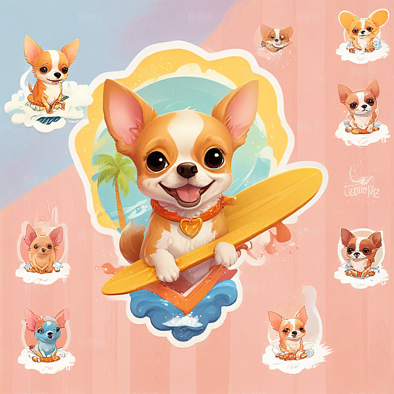 一只吉娃娃在冲浪插画卡通风格贴纸