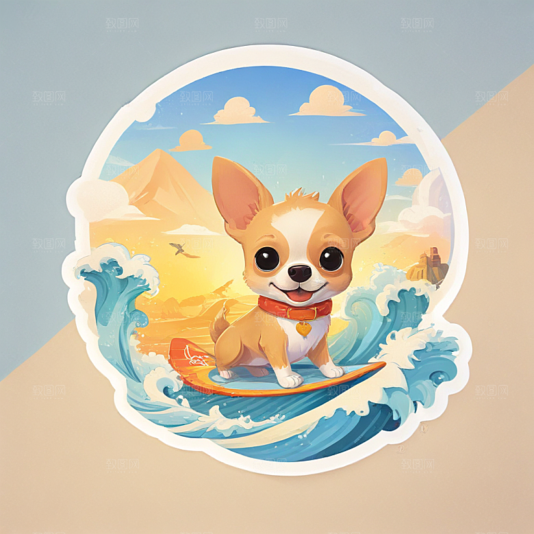 一只吉娃娃在冲浪插画卡通风格贴纸