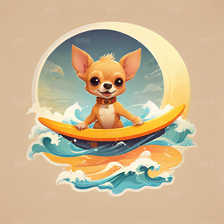 一只吉娃娃在冲浪插画卡通风格贴纸