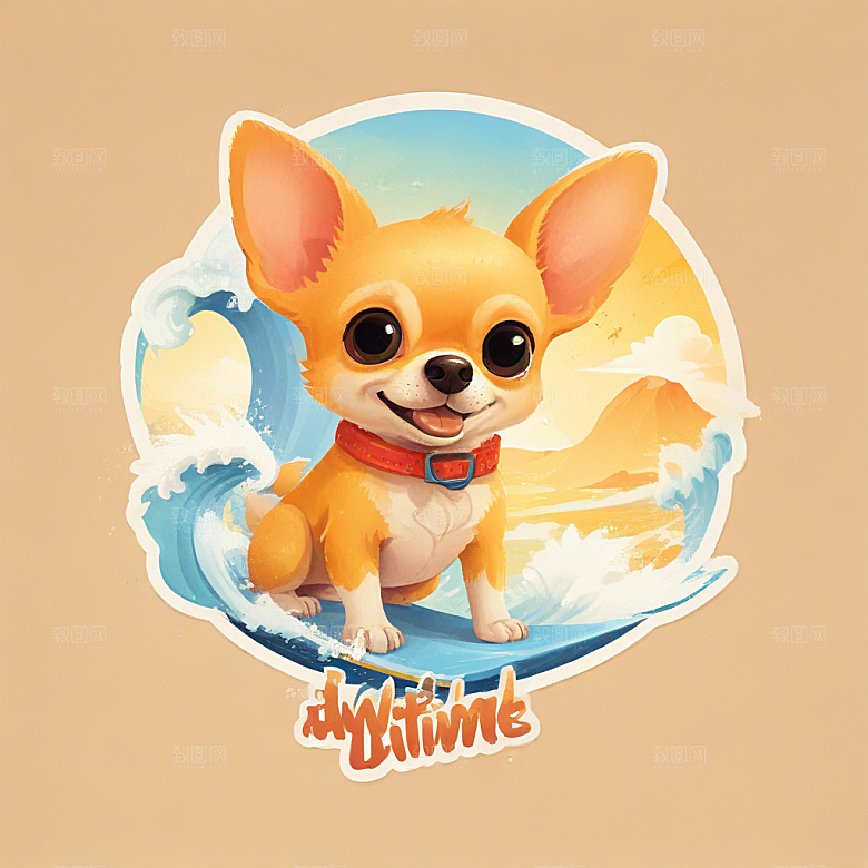 一只吉娃娃在冲浪插画卡通风格贴纸