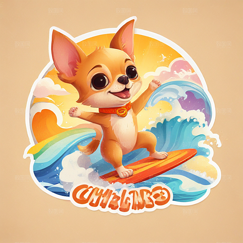 一只吉娃娃在冲浪插画卡通风格贴纸