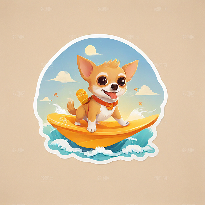 一只吉娃娃在冲浪插画卡通风格贴纸